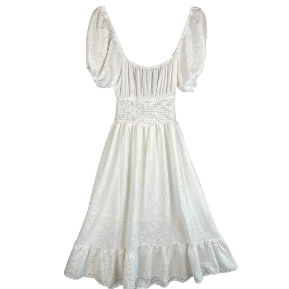 Hesperus White Smocked Waist Puff Sleeve Midi Dress HD31154 Womens Small